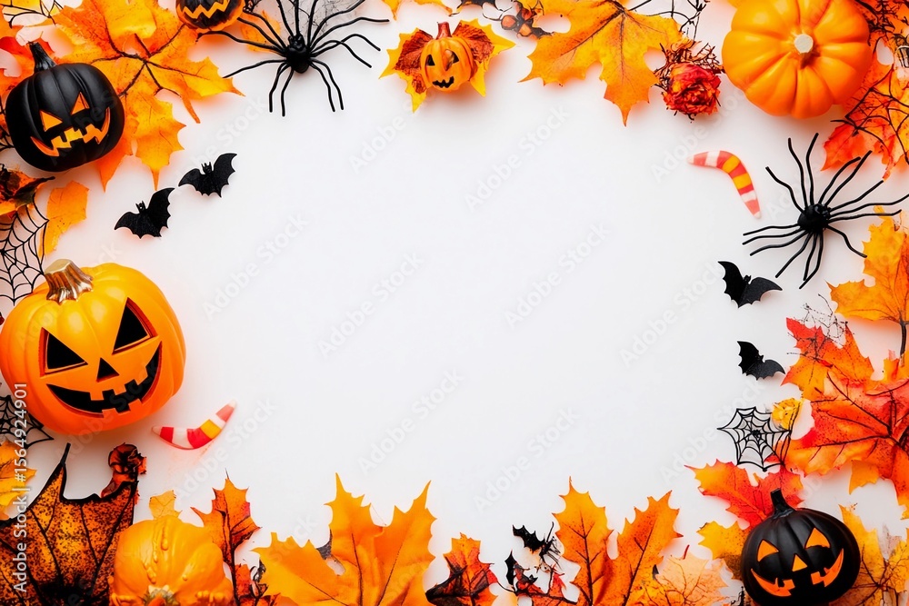 Fototapeta premium Blank Halloween card background decorated with pumpkins and autumn leaves for festive celebration