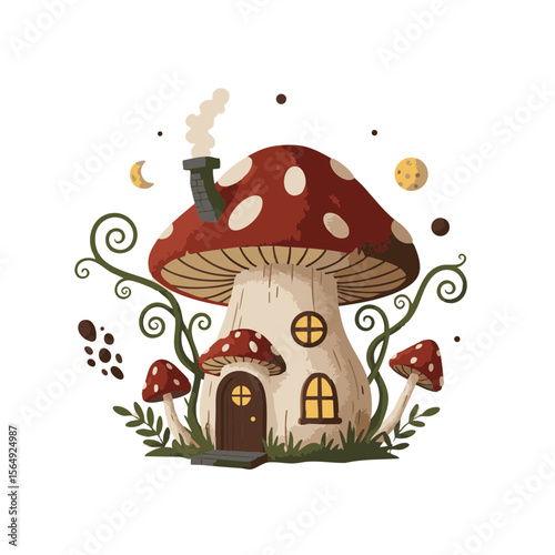 Mushroom House with Curved Chimney and Floating Vines, Flat Fantasy Vector