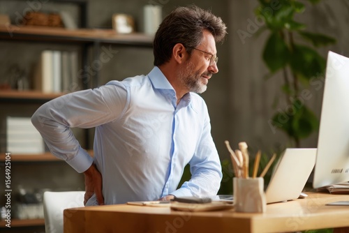 man with back pain sitting at a desk in a home office, side view. High-quality photo of a business person suffering from upper body discomfort due to prolonged work on a computer screen at a table.