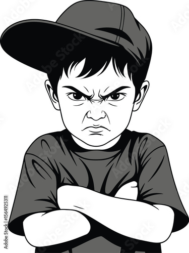 Illustration of an angry boy with a cap and folded arms in black and white