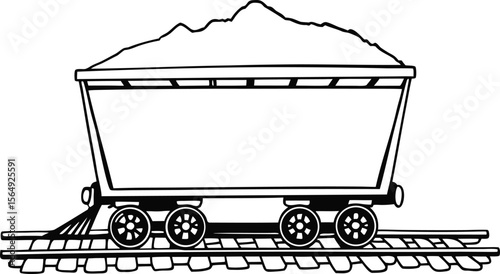 Silhouette of Coal Mining Cart on Track, Vintage Vector Illustration.