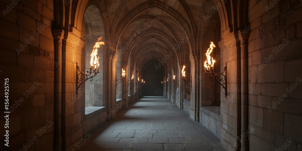 Fototapeta premium Medieval Stone Hallway Lit by Flickering Torch Sconces Casting Long Shadows