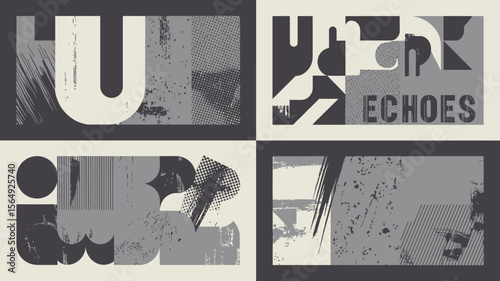 Abstract graphic design featuring geometric shapes and textures in a four panel composition