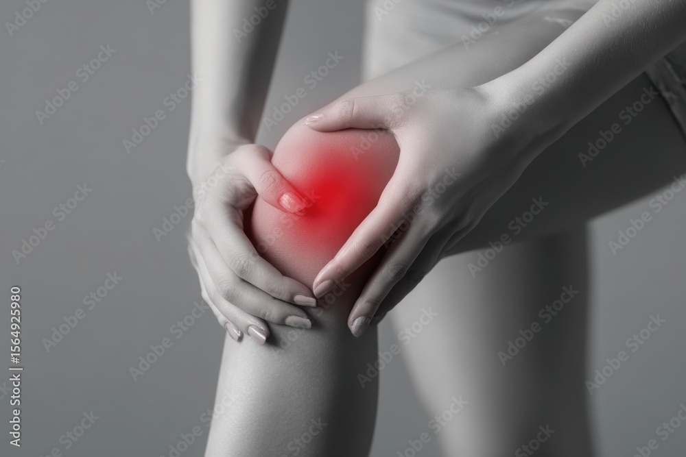 Woman holding her knee with a red pain point on a grey background, close-up of female hands touching leg with joint or ankle ache. Woman holding her knee with a red pain point on a grey background, close-up of female hands touching leg with joint or ankle ache.