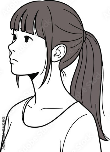 Illustration of a girl with a ponytail and a speech bubble above her head