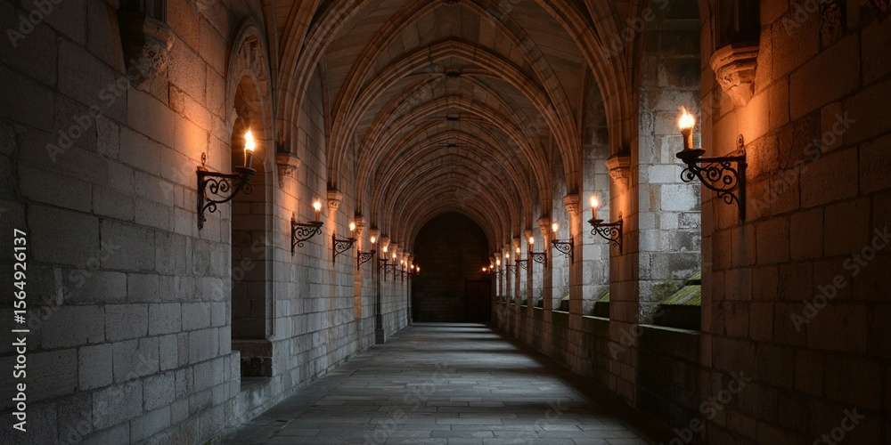 Fototapeta premium Ancient stone corridor illuminated by warm candlelight