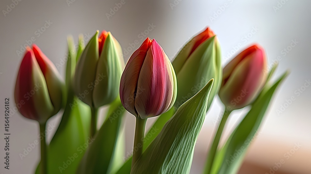 Fototapeta premium Closeup Red Pink Tulips Spring Flowers Bouquet