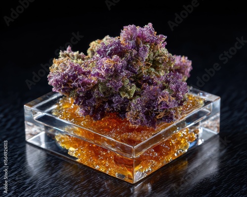 Cannabis Rosin. Royal Chem Live Rosin Cannabis Concentrate on Black Acrylic. Extract of Herbal Bud for Medical Use