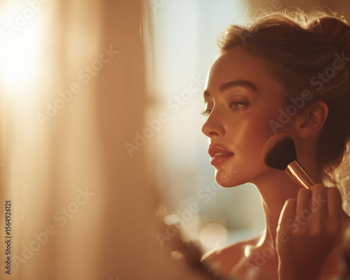 Candid luxury over shoulder shot showing woman applying makeup with brush, illuminated by soft sunlight, creating warm and inviting atmosphere