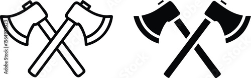 Crossed Axe Icon Set, Black and White Lumberjack Battle Tool Vector