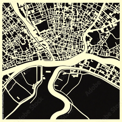 Illustration of a city map with a river running through it in black and white style design aesthetic