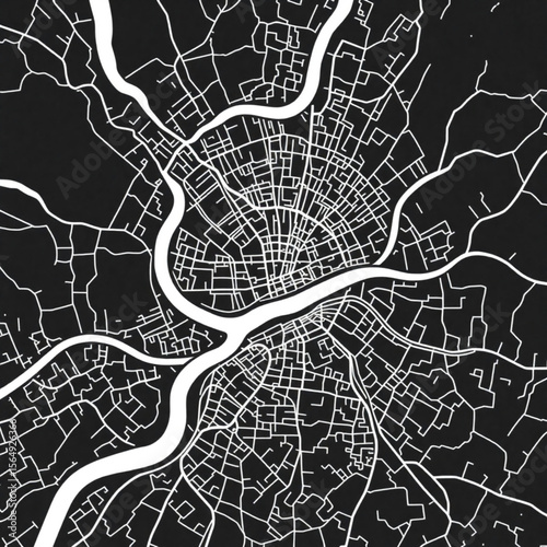 Detailed black and white map illustration featuring a river flowing through a city with dense streets