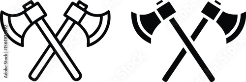 Crossed Axes Icon Set, Black and White Viking Battle Weapon Symbols