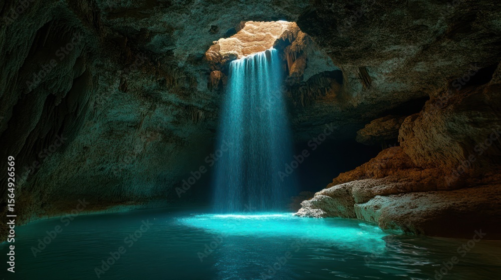 Naklejka premium Light shafts through a cave opening onto a turquoise waterpool, rocks visible