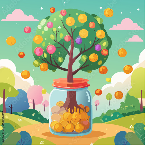 Whimsical illustration of a savings jar growing into a tree with coins as fruit