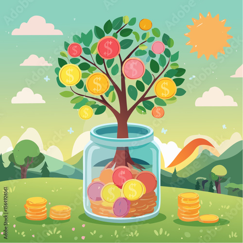 Whimsical illustration of a savings jar growing into a tree with coins as fruit