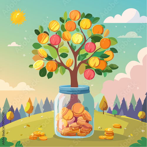 Whimsical illustration of a savings jar growing into a tree with coins as fruit