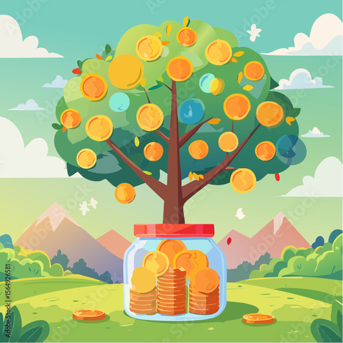 Whimsical illustration of a savings jar growing into a tree with coins as fruit