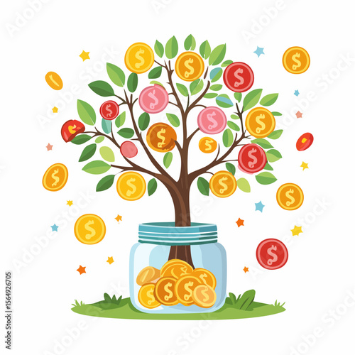 Whimsical illustration of a savings jar growing into a tree with coins as fruit