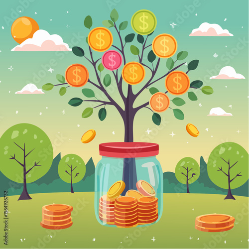 Whimsical illustration of a savings jar growing into a tree with coins as fruit