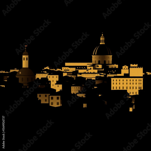 Silhouette of a city skyline at night with illuminated buildings and church domes in golden light
