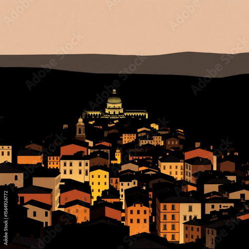 Nighttime view of a densely packed village with a large domed building in the background on a hill