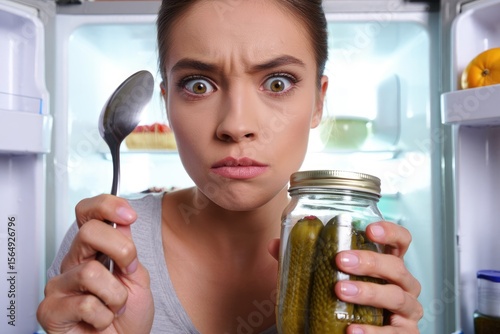 A woman with a frustrated expression searches the fridge for a snack or meal.