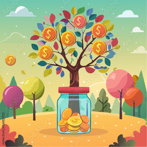 Whimsical illustration of a savings jar growing into a tree with coins as fruit