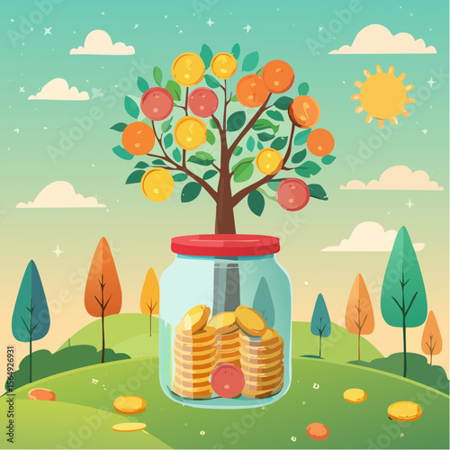 Whimsical illustration of a savings jar growing into a tree with coins as fruit