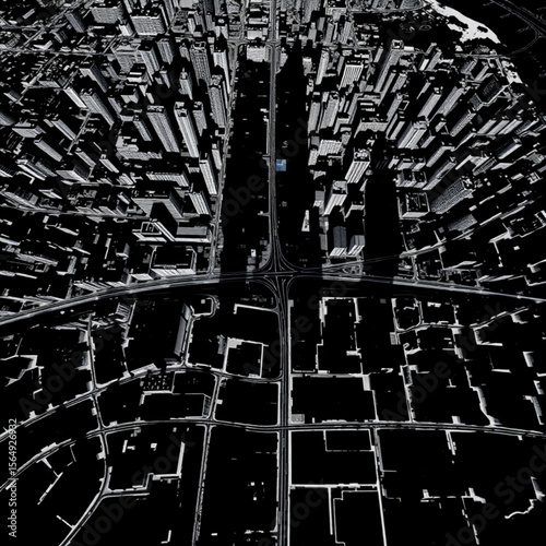 Aerial view of a dense cityscape with tall buildings and intricate road networks in monochrome style image