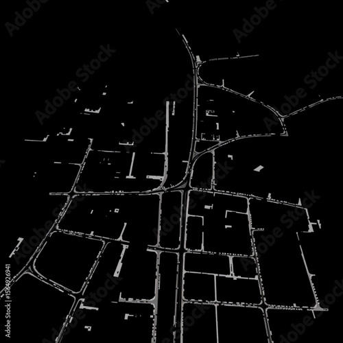 Aerial view of city street grid with buildings and roads in black and white color scheme design layout
