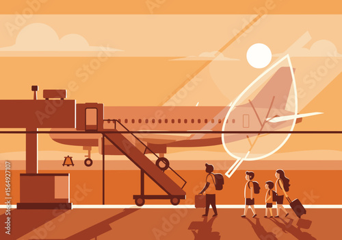 Family boarding a plane with a plane and sunset in the background