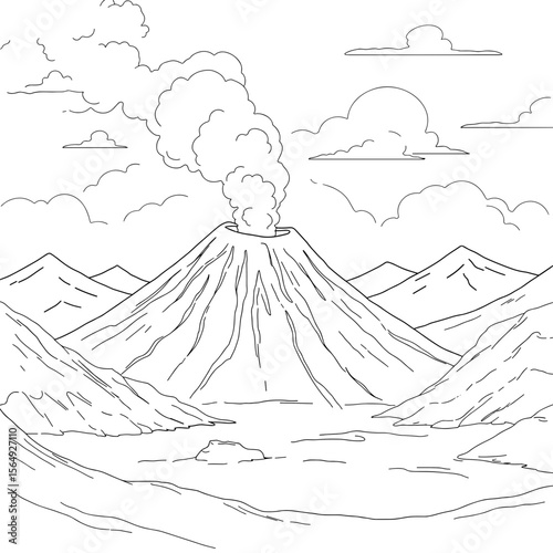 Volcanic eruption with smoke and mountains in line art style  