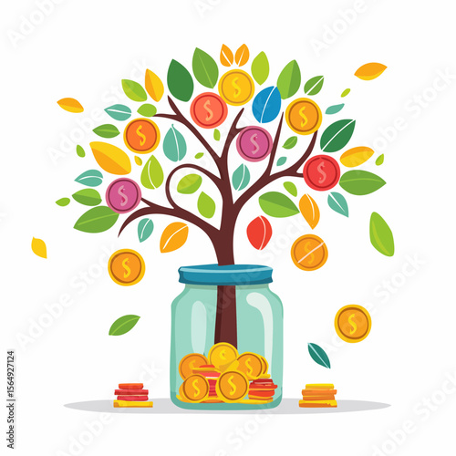 Whimsical illustration of a savings jar growing into a tree with coins as fruit