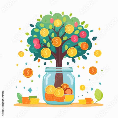 Whimsical illustration of a savings jar growing into a tree with coins as fruit