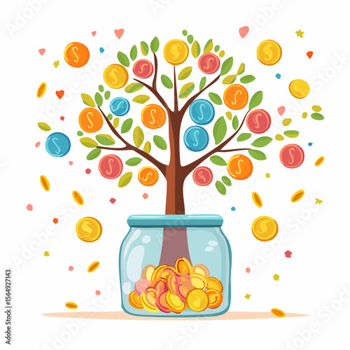 Whimsical illustration of a savings jar growing into a tree with coins as fruit