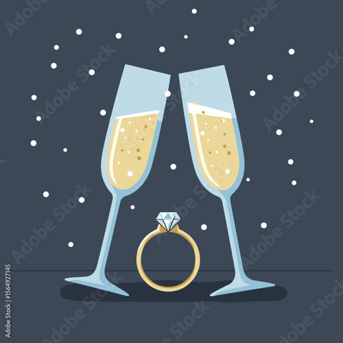 Champagne glasses with a diamond ring on dark background  