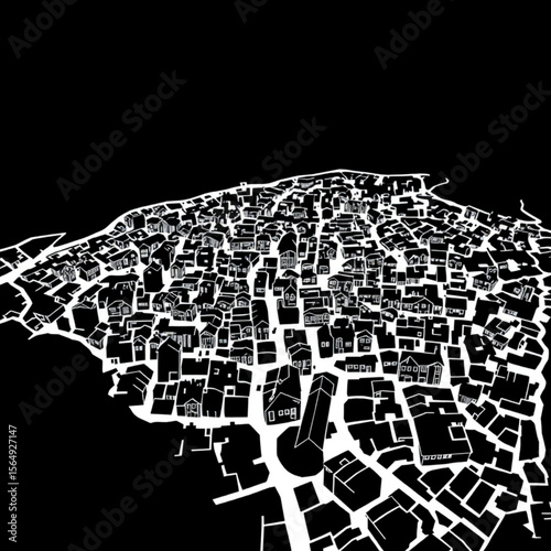 Aerial view of a dense urban area with numerous buildings in black and white monochrome style design