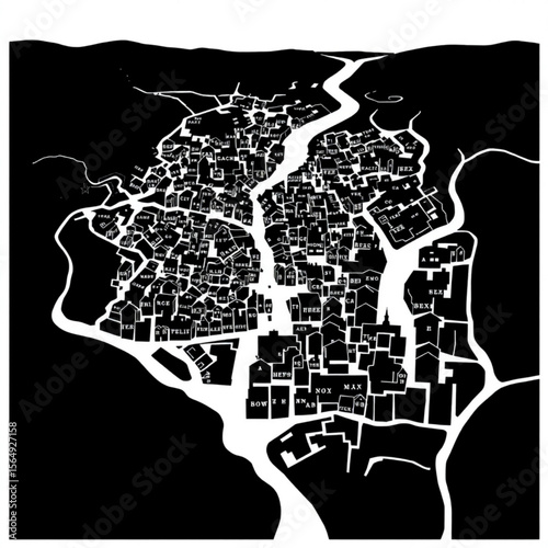 Stylized black and white map depicting a dense urban area with a river running through it and mountains