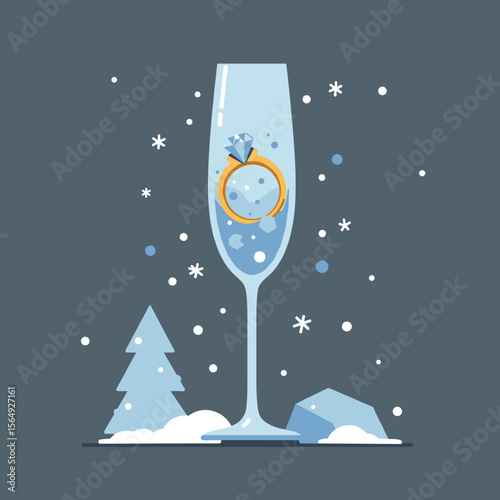 Champagne glass with engagement ring and snowflakes on background  