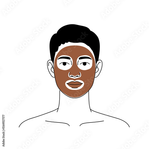 Young man applying facial mask with brown clay on white background  