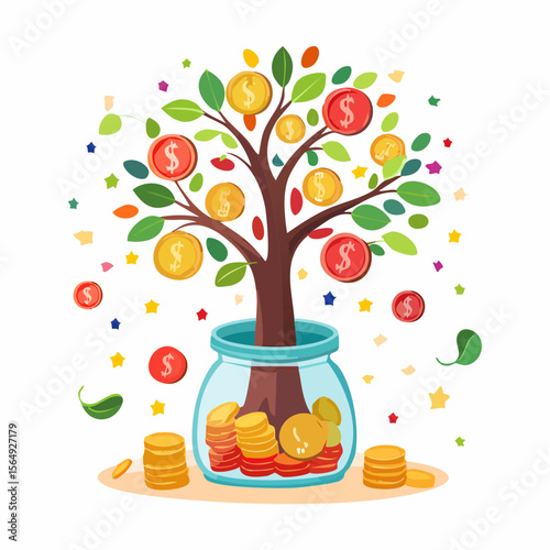 Whimsical illustration of a savings jar growing into a tree with coins as fruit