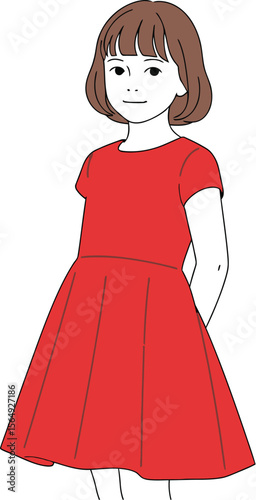 Illustration of a young girl in a red dress with her hands behind her