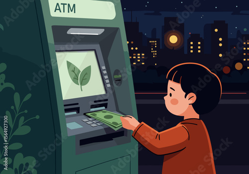 Boy using ATM with green leaf screen at night in city  