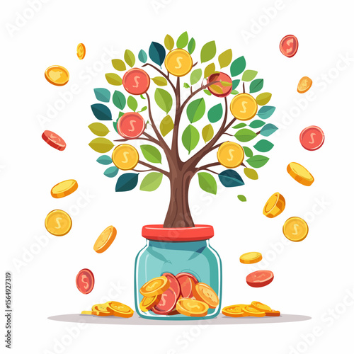Whimsical illustration of a savings jar growing into a tree with coins as fruit