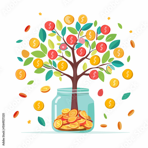 Whimsical illustration of a savings jar growing into a tree with coins as fruit