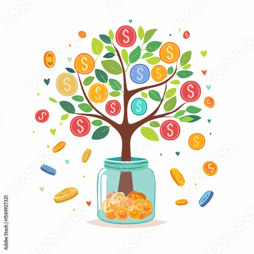 Whimsical illustration of a savings jar growing into a tree with coins as fruit