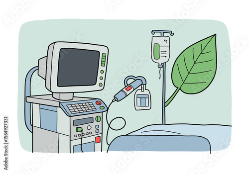 Medical equipment with IV drip and leaf element in hospital room  