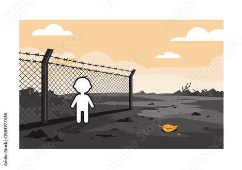 Person standing by fence in barren landscape with fallen leaf  