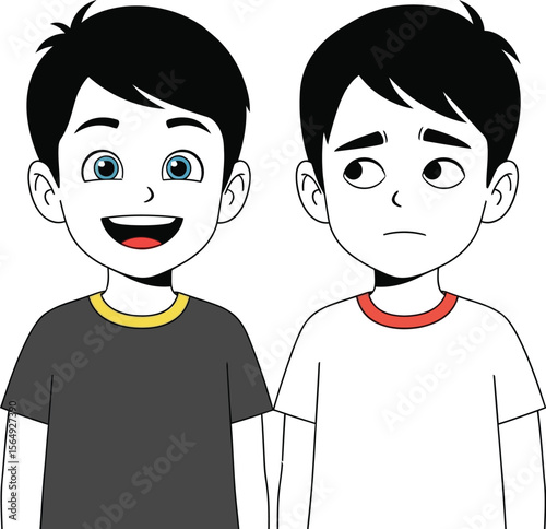 Cartoon illustration of two boys with contrasting expressions standing